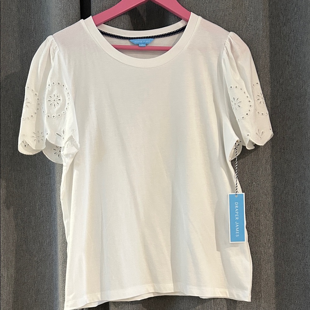 Draper James White Cotton Tee with Eyelet Sleeves